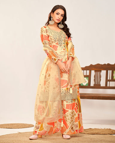 Cream Women Readymade Chinnon Silk Zari Mirror Work Printed Palazzo Suit With Organza Silk Dupatta