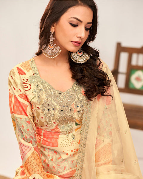 Cream Women Readymade Chinnon Silk Zari Mirror Work Printed Palazzo Suit With Organza Silk Dupatta