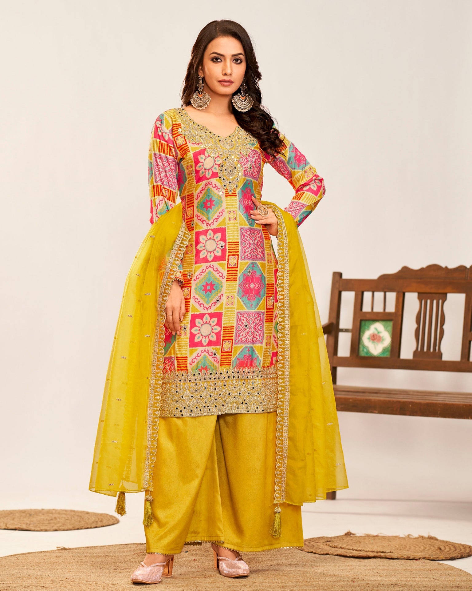 Yellow Women Readymade Chinnon Silk Zari Mirror Work Printed Palazzo Suit With Organza Silk Dupatta