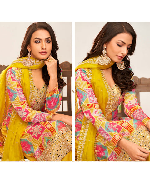 Yellow Women Readymade Chinnon Silk Zari Mirror Work Printed Palazzo Suit With Organza Silk Dupatta