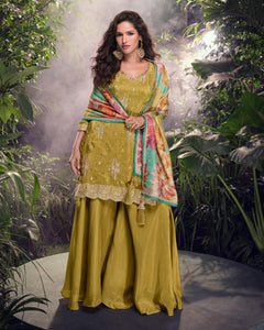 Mehndi Green Women Readymade Simer Silk Mirror Work Palazzo Suit With Digital Print Dupatta