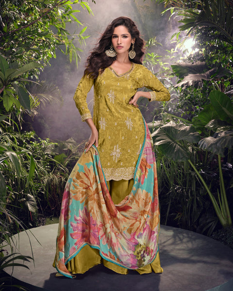 Mehndi Green Women Readymade Simer Silk Mirror Work Palazzo Suit With Digital Print Dupatta