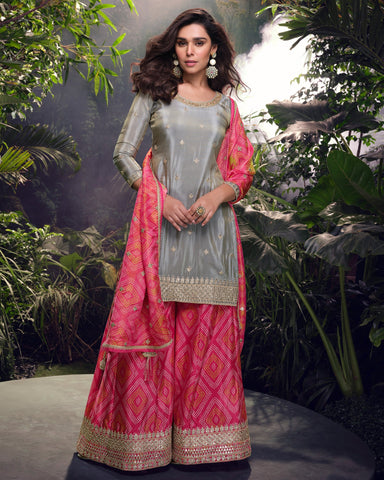 Grey Pink Women Readymade Simer Silk Zarkan Work Palazzo Suit With Digital Print Dupatta