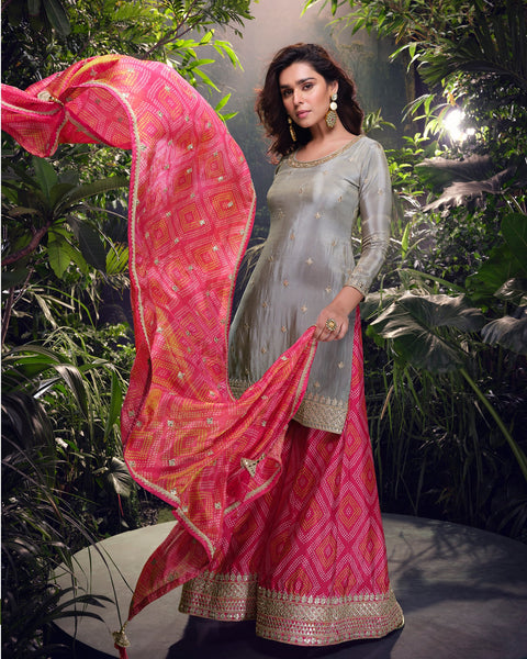 Grey Pink Women Readymade Simer Silk Zarkan Work Palazzo Suit With Digital Print Dupatta