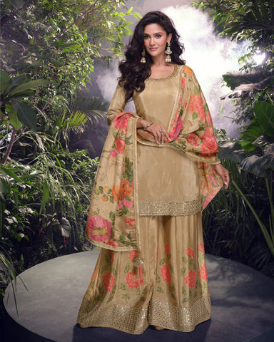 Beige Women Readymade Simer Silk Mirror Work Palazzo Suit With Digital Print Dupatta