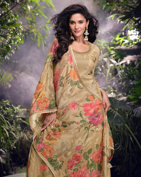 Beige Women Readymade Simer Silk Mirror Work Palazzo Suit With Digital Print Dupatta