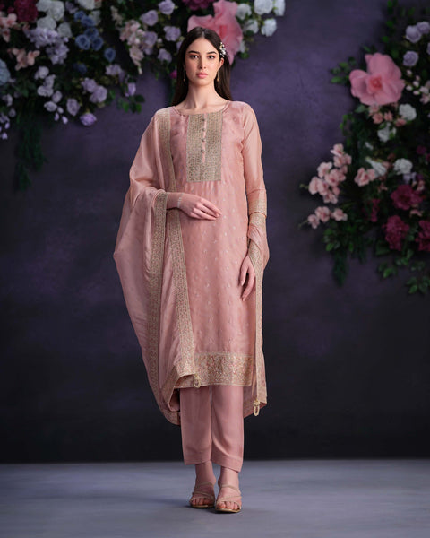 Pink Women Plus Size Customized Thread & Zarkan Work Organza Churidar Suit With Dupatta