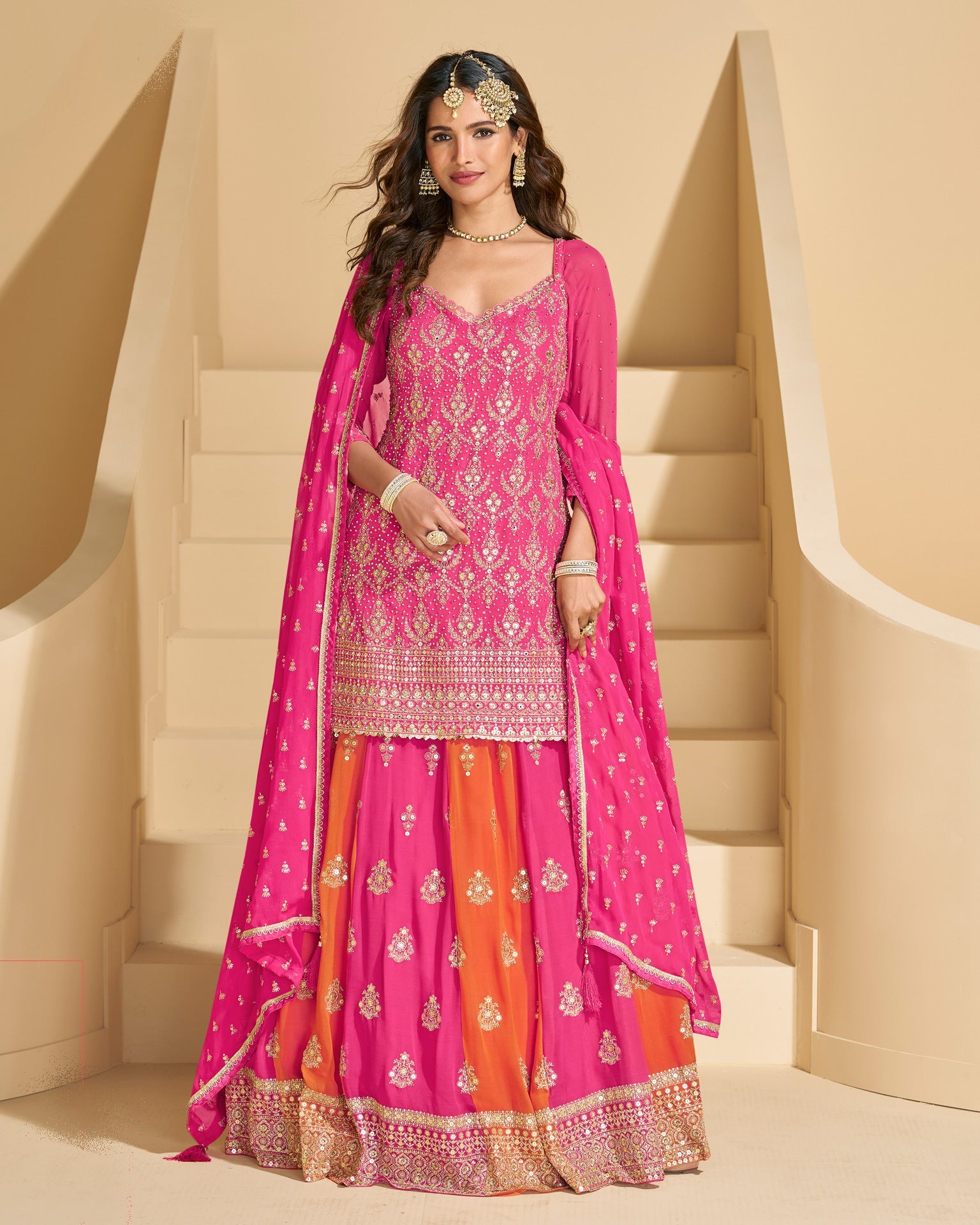 Pink & Orange Zari Work Georgette Women Readymade Lehenga Suit