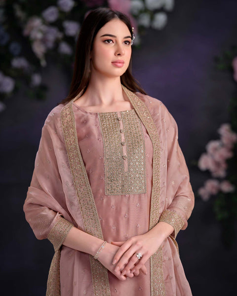 Pink Women Plus Size Customized Thread & Zarkan Work Organza Churidar Suit With Dupatta