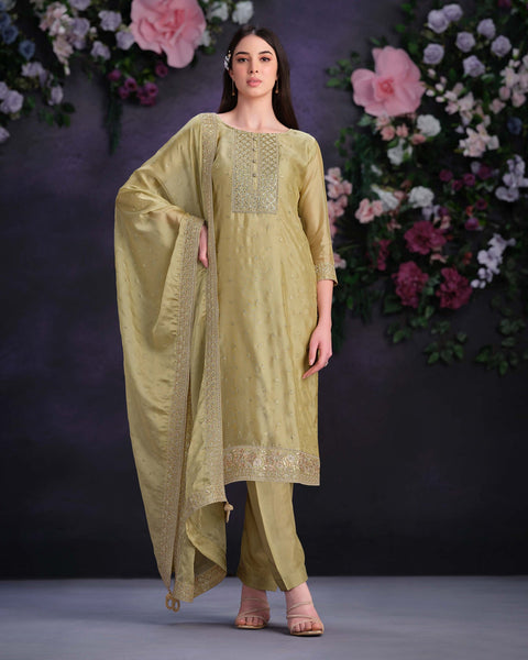 Pastel Yellow Women Plus Size Customized Thread & Zarkan Work Organza Pant Suit With Dupatta