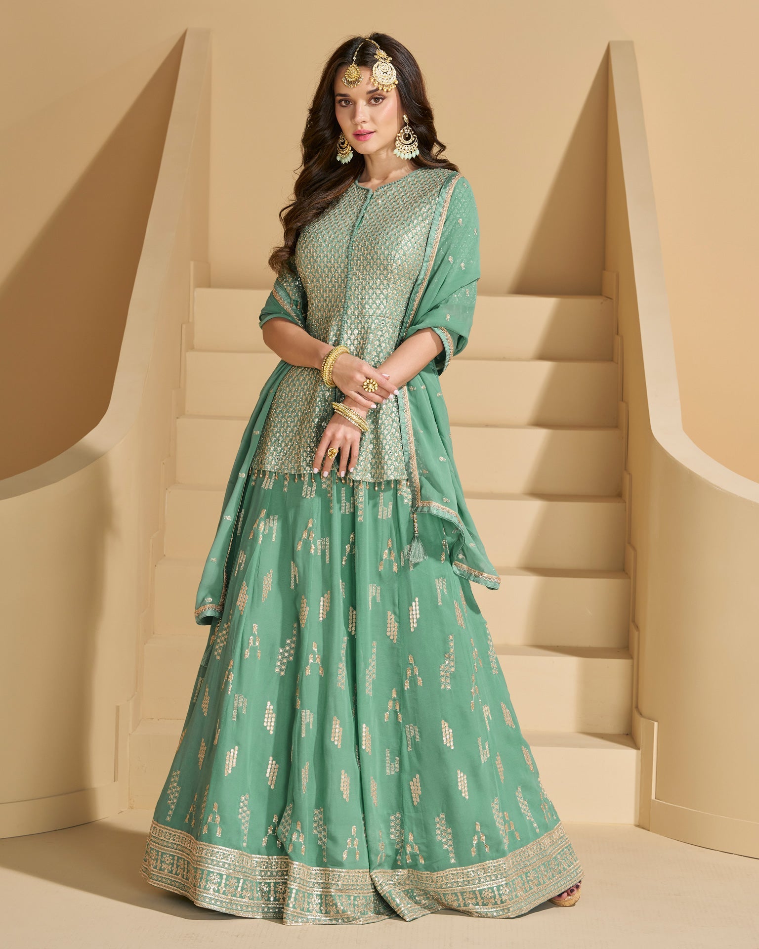 Green Zari Work Georgette Women Readymade Lehenga Suit