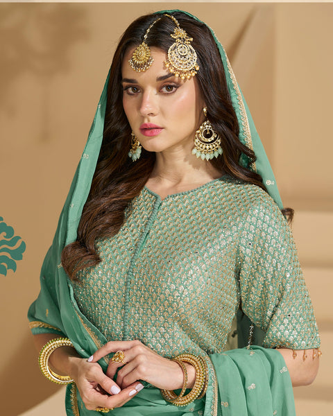 Green Zari Work Georgette Women Readymade Lehenga Suit