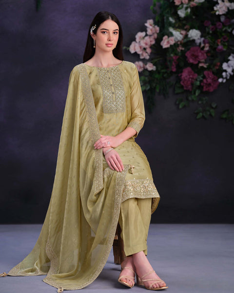 Pastel Yellow Women Plus Size Customized Thread & Zarkan Work Organza Pant Suit With Dupatta