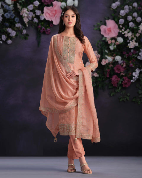 Peach Women Plus Size Customized Thread & Zarkan Work Organza Churidar Suit With Dupatta