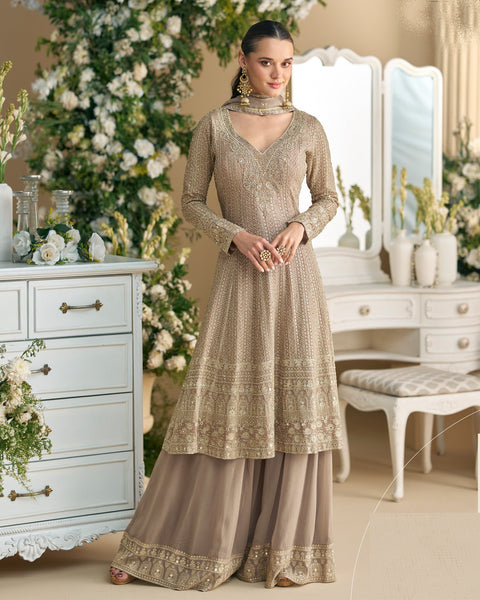 Golden Georgette Zari & Mirror Work Women Readymade Frock Suit With Palazzo