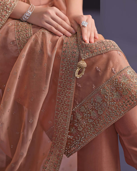 Peach Women Plus Size Customized Thread & Zarkan Work Organza Churidar Suit With Dupatta