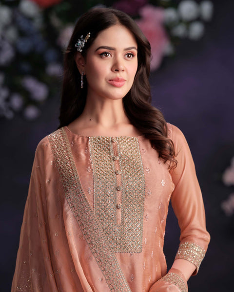 Peach Women Plus Size Customized Thread & Zarkan Work Organza Churidar Suit With Dupatta