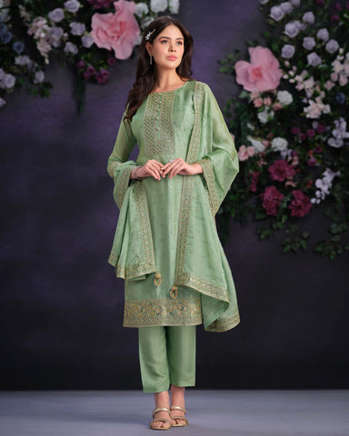 Sea Green Women Plus Size Customized Thread & Zarkan Work Organza Churidar Suit With Dupatta