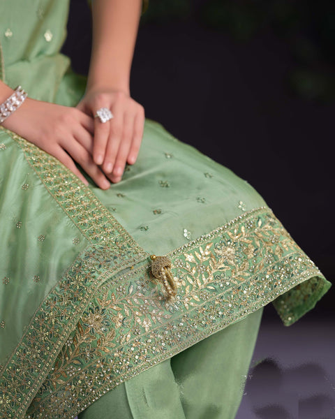 Sea Green Women Plus Size Customized Thread & Zarkan Work Organza Churidar Suit With Dupatta