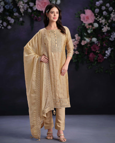 Beige Women Plus Size Customized Thread & Zarkan Work Organza Churidar Suit With Dupatta