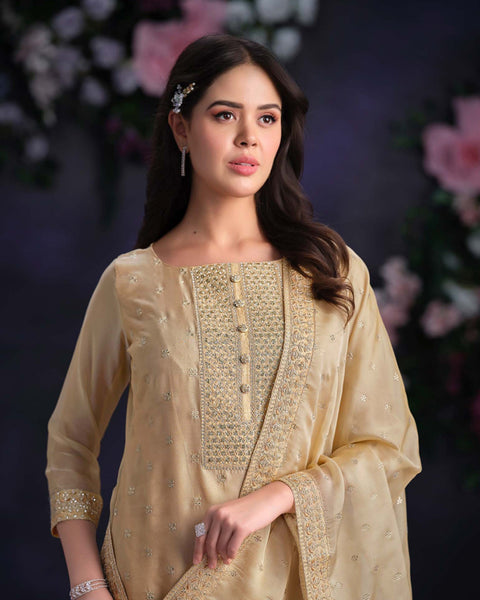 Beige Women Plus Size Customized Thread & Zarkan Work Organza Churidar Suit With Dupatta