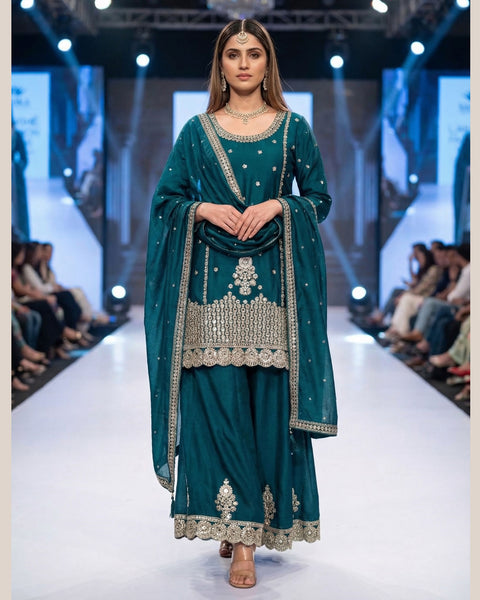 Teal Chinnon Silk Mirror Work Readymade Woman Palazzo Suit