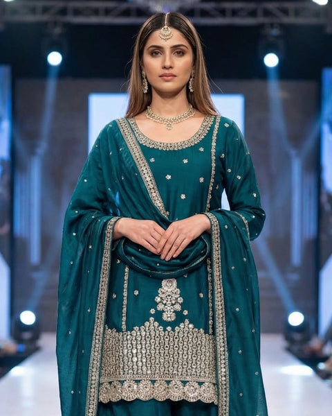 Teal Chinnon Silk Mirror Work Readymade Woman Palazzo Suit