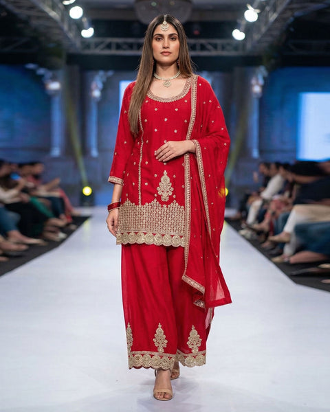 Red Chinnon Silk Mirror Work Readymade Woman Palazzo Suit