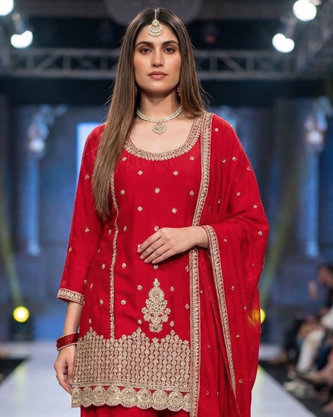 Red Chinnon Silk Mirror Work Readymade Woman Palazzo Suit