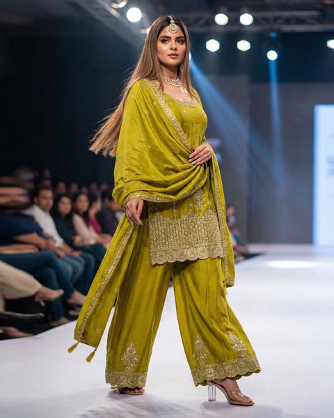 Green Chinnon Silk Mirror Work Readymade Woman Palazzo Suit