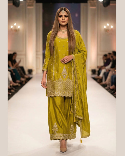 Green Chinnon Silk Mirror Work Readymade Woman Palazzo Suit