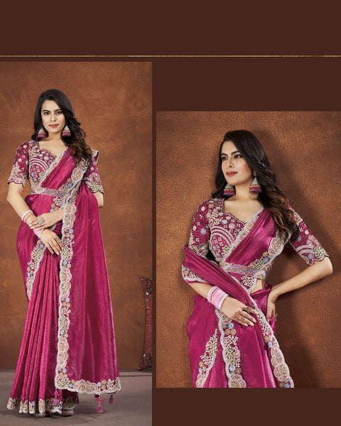 Pink Crushed Banarsi Silk Sequins & Stone Work Saree With Net Embroidered Stitched Blouse