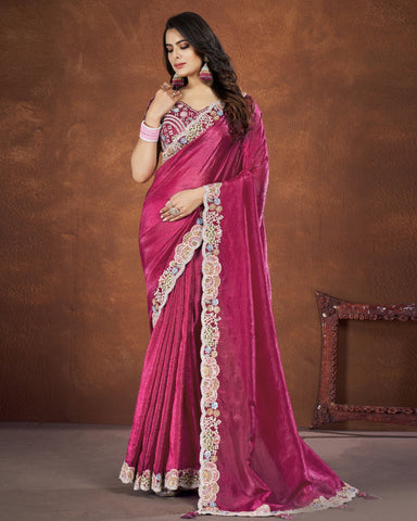 Pink Crushed Banarsi Silk Sequins & Stone Work Saree With Net Embroidered Stitched Blouse