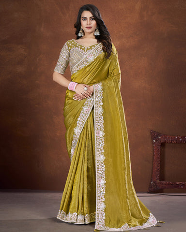 Green Crushed Banarsi Silk Sequins & Thread Work Saree With Net Embroidered Stitched Blouse