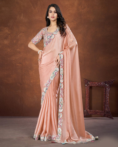 Peach Crepe Satin Silk Sequins & Thread Work Saree With Net Embroidered Stitched Blouse