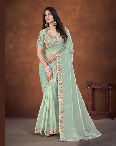 Sea Green Crushed Banarsi Silk Sequins & Stone Work Saree With Net Embroidered Stitched Blouse
