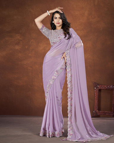 Lavender Crepe Satin Silk Cord & Zari Work Saree With Banglori Silk Embroidered Stitched Blouse