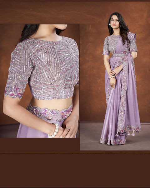 Lavender Crepe Satin Silk Cord & Zari Work Saree With Banglori Silk Embroidered Stitched Blouse