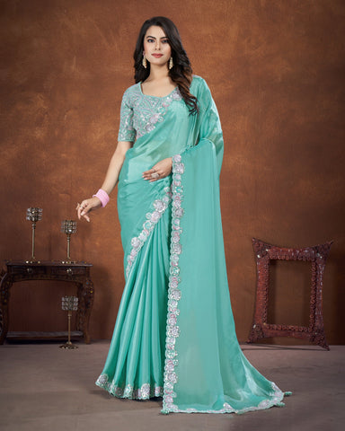 Aqua Blue Crepe Satin Silk Moti & Sequins Work Saree With Net Embroidered Readymade Blouse