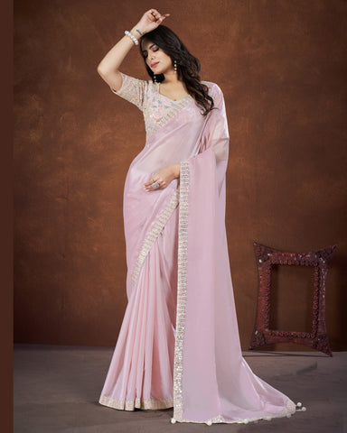 Baby Pink Crepe Satin Silk Sequins & Stone Work Saree With Net Embroidered Readymade Blouse