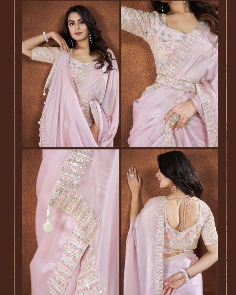 Baby Pink Crepe Satin Silk Sequins & Stone Work Saree With Net Embroidered Readymade Blouse