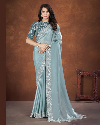 Blue Crepe Satin Silk Sequins & Stone Work Saree With Malai Satin Embroidered Readymade Blouse