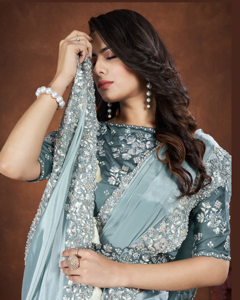 Blue Crepe Satin Silk Sequins & Stone Work Saree With Malai Satin Embroidered Readymade Blouse