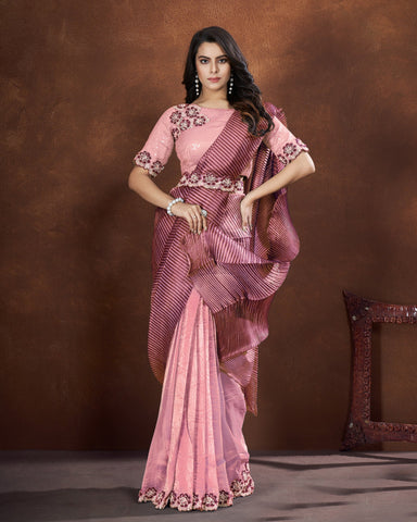 Pink Banarsi Crushed Silk Sequins & Applique Work Saree With Georgette Embroidered Readymade Blouse