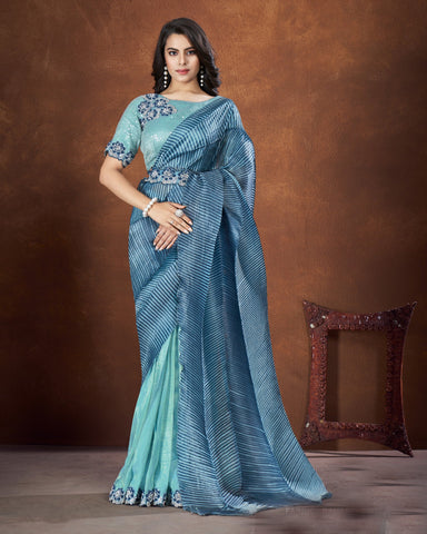 Blue Banarsi Crushed Silk Sequins & Applique Work Saree With Georgette Embroidered Readymade Blouse