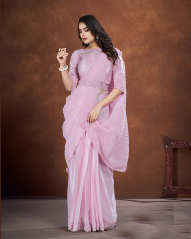 Light Purple Crepe Satin Silk Sequins & Applique Work Saree With Satin Silk Embroidered Readymade Blouse