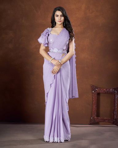 Lavender Crepe Satin Silk Sequins & Applique Work Saree With Georgette Embroidered Readymade Blouse