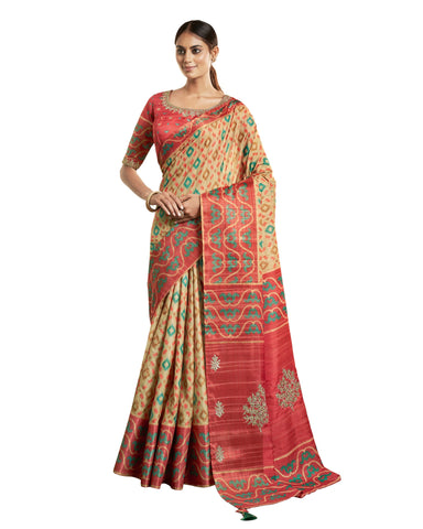 Beige & Red Bhagalpuri Silk Printed Saree With Embroidered Blouse