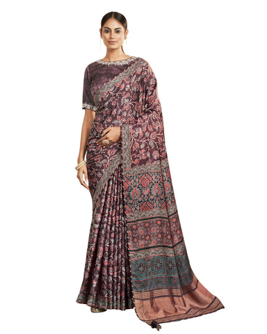 Purple Gajji Silk Printed Saree With Embroidered Blouse