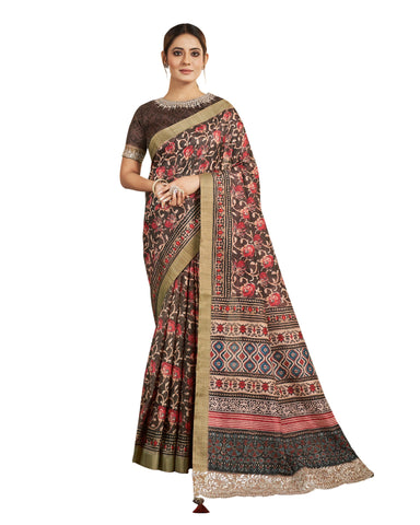 Brown Bhagalpuri Silk Printed Saree With Hand Work Embroidered Blouse
